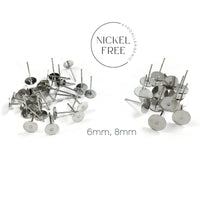 50 Earring stud posts, 6mm 8mm pad