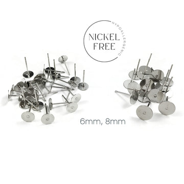 50 Earring stud posts, 6mm 8mm pad