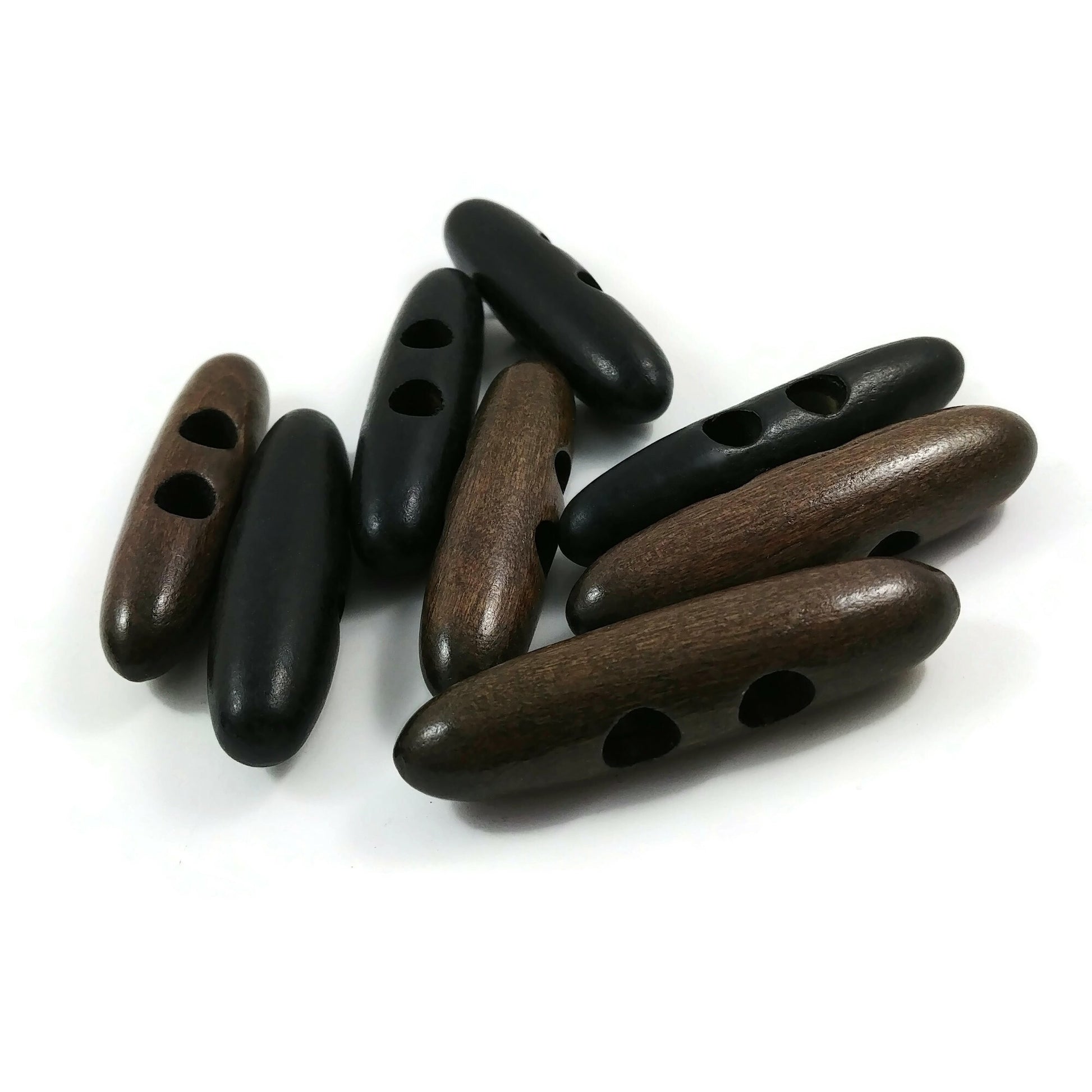 2 Large Toggle Buttons - Wood Dark Brown, Black 6cm (2 3/8")