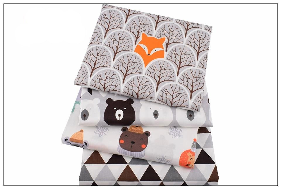 8pcs Tissu de coton sergé imprimé - motifs de renard et d'ours