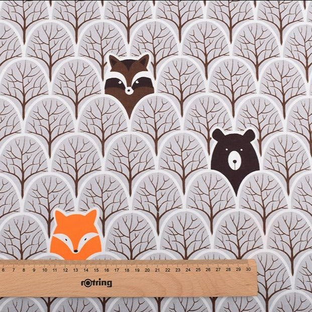 8pcs Tissu de coton sergé imprimé - motifs de renard et d'ours