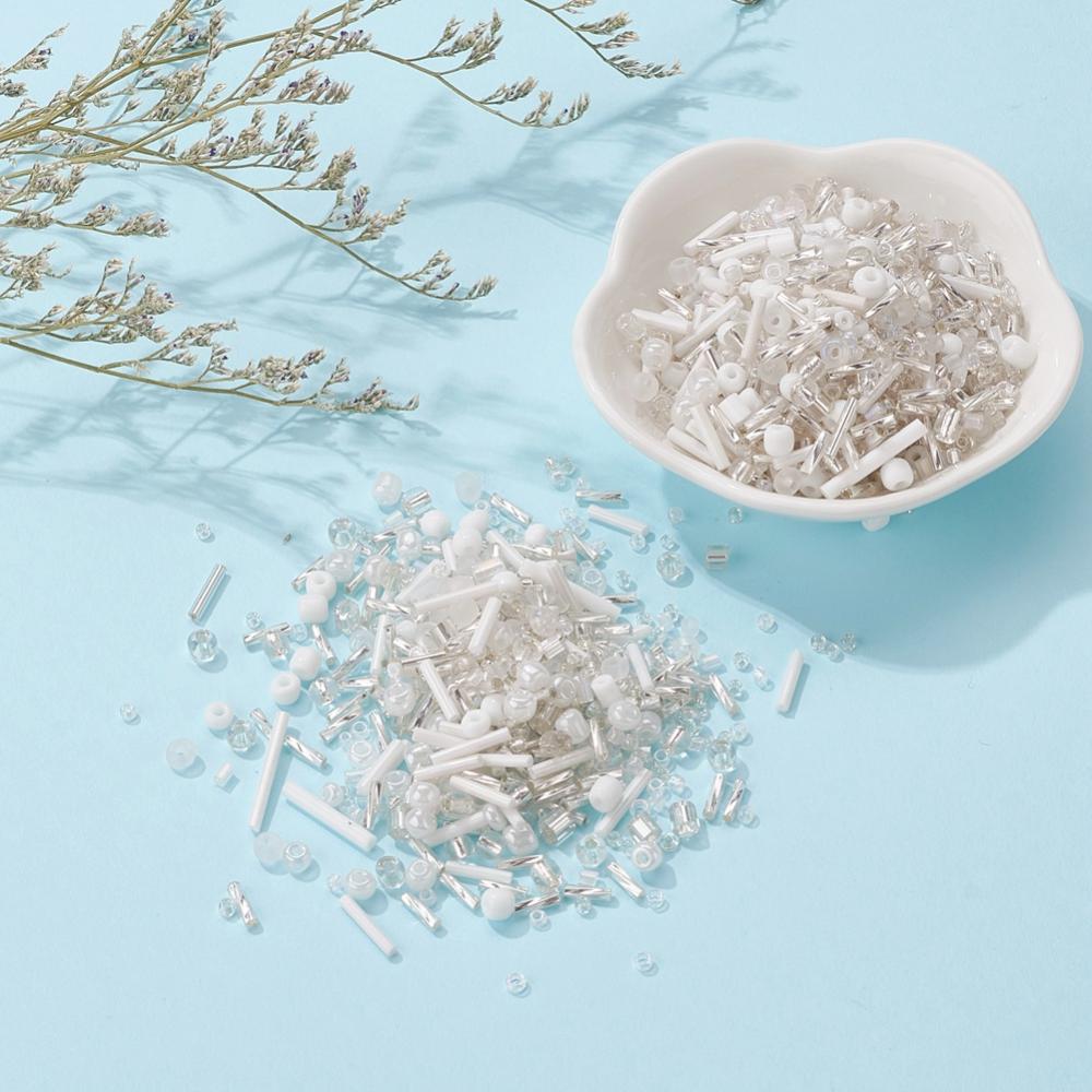 Perles de rocaille en verre - BLANC - Assortiment de formes et grandeurs