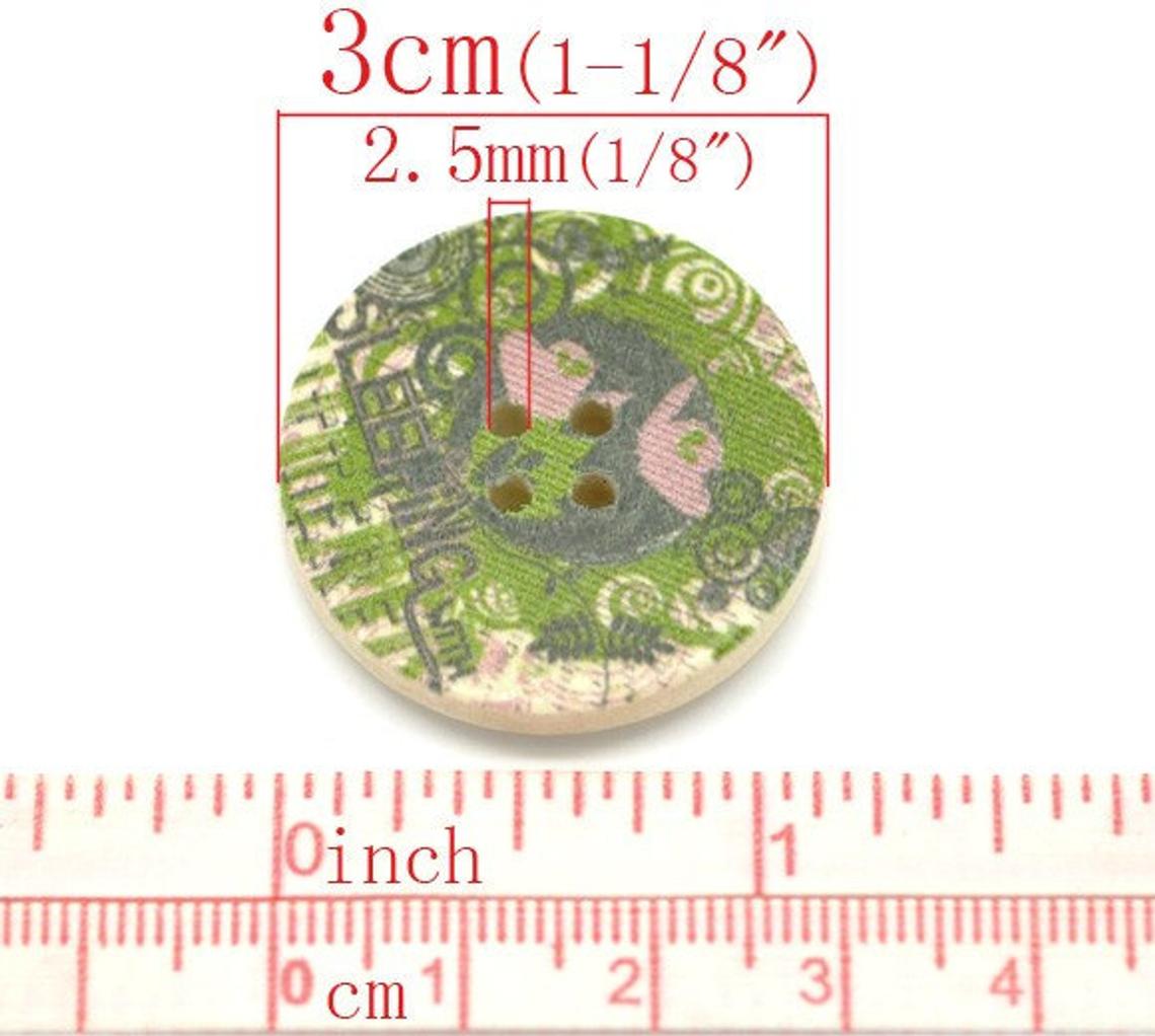 Olive Green and Pink Flower Pattern Wooden Sewing Buttons 3cm - Natural wood button set of 6