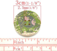 Olive Green and Pink Flower Pattern Wooden Sewing Buttons 3cm - Natural wood button set of 6