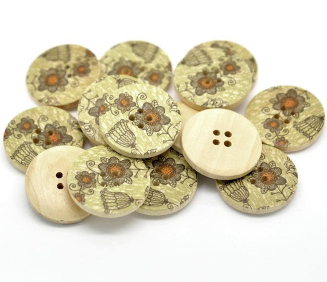 Khaki and Pumkin Wooden Buttons 30mm - Natural wood flowers pattern painting sewing button set of 6