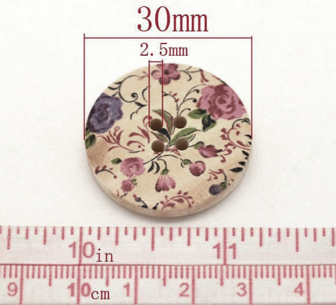 Cottage Flower Pattern Wooden Sewing Buttons 30mm - set of 6 natural wood button