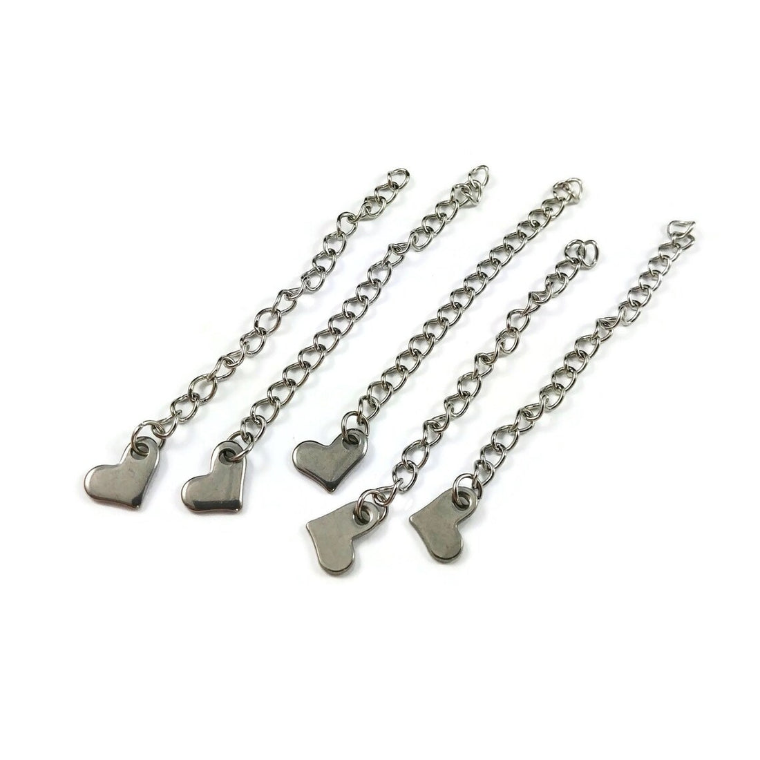 5 Stainless steel extension jewelry chains - Tail extender 60mm with heart charm
