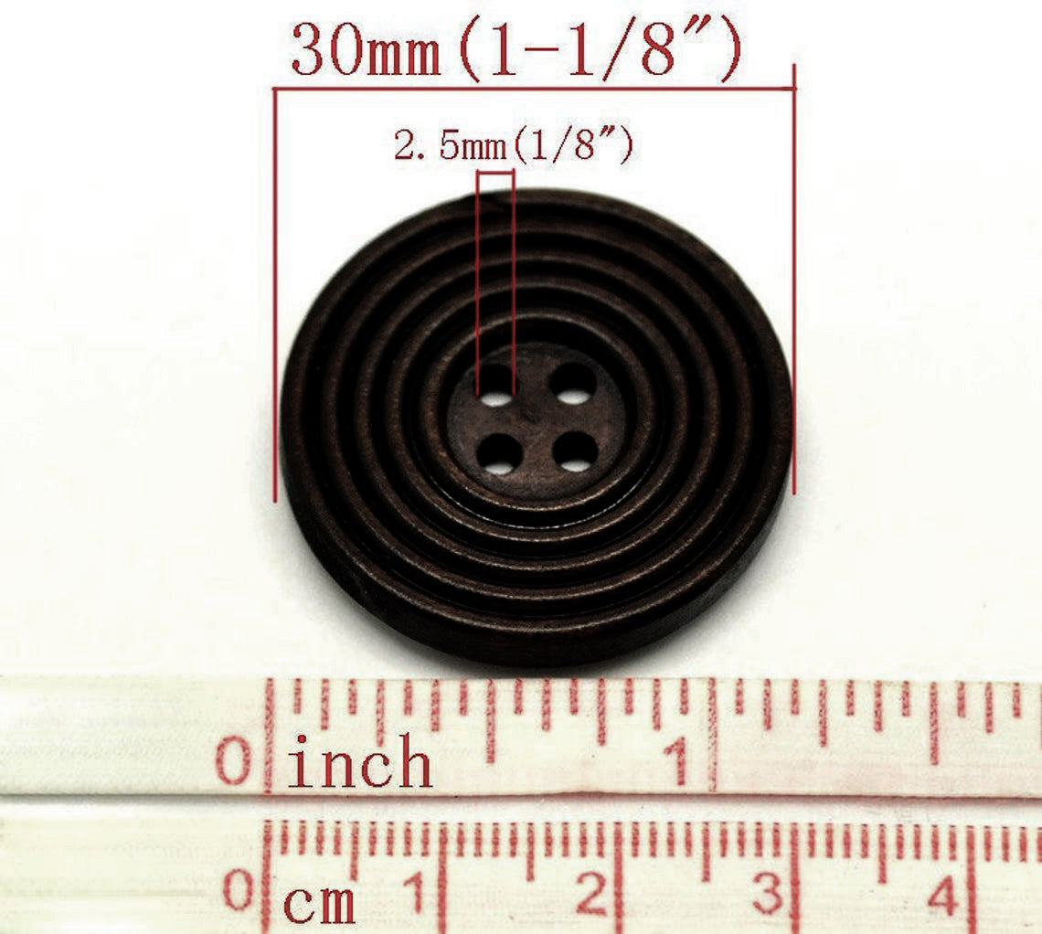 Bouton de bois café foncé de 3cm - ensemble de 6 boutons en bois naturel avec cercles