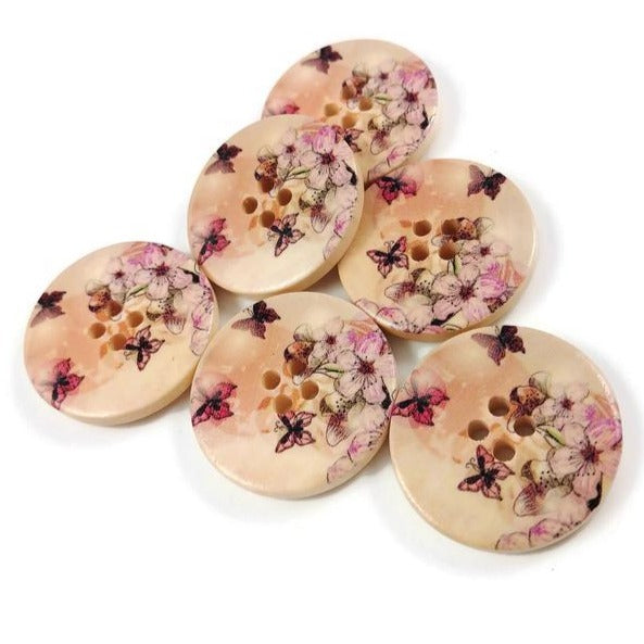 Butterfly and Flower Pattern Wooden Sewing Button 30mm - set of 6 wood buttons