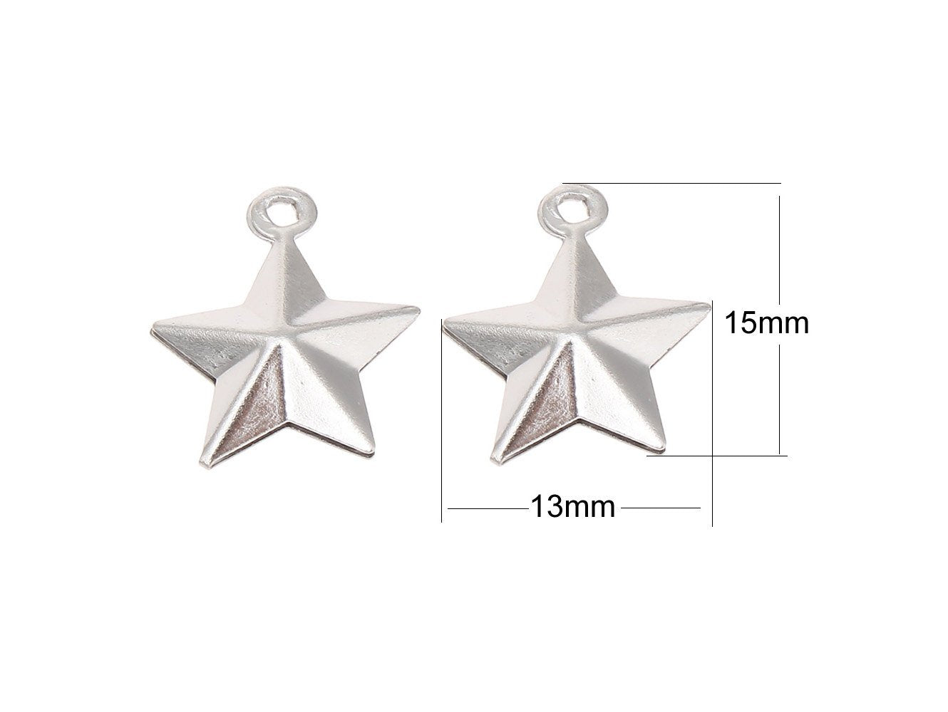 5 Pendentifs étoiles 3D en acier inoxydable 15mm