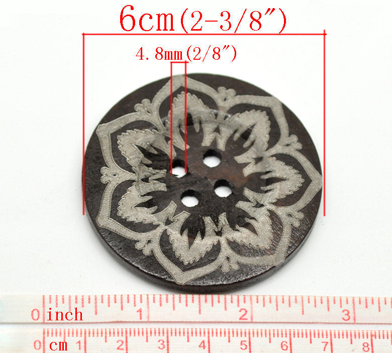 Extra large button - 3 wooden button 60mm (2 3/8") - flower pattern