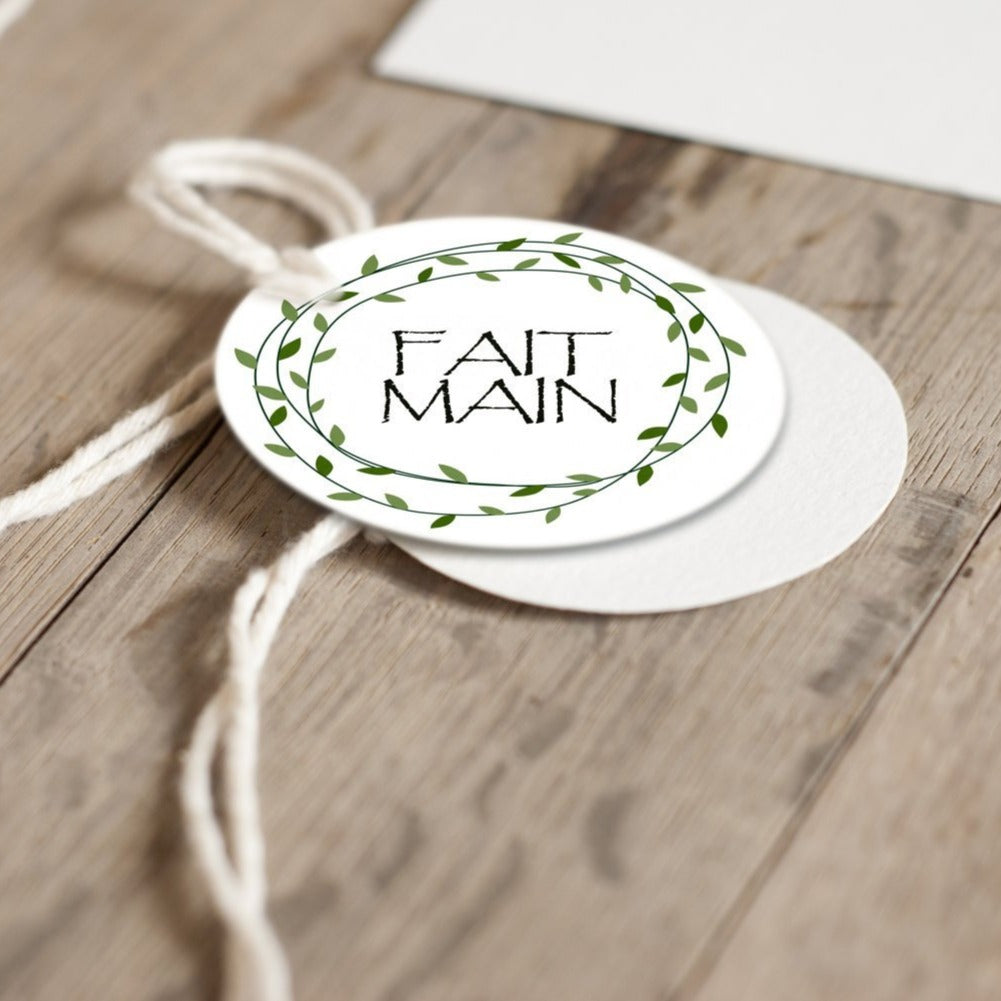Tags "FAIT MAIN" with leaves - One and half inch round tags images - Digital Collage Sheet