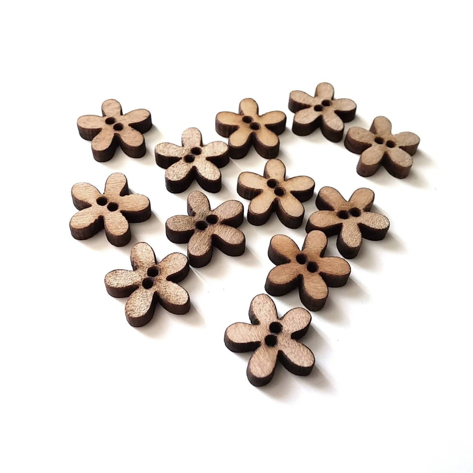 Tiny Wooden Flower Shape Sewing Sew On Buttons Set of 12
