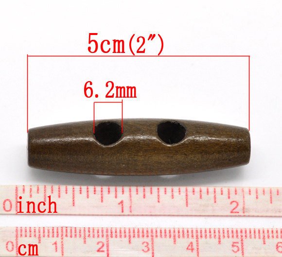 2 Big wooden toggle buttons - brown - 5cm (2")