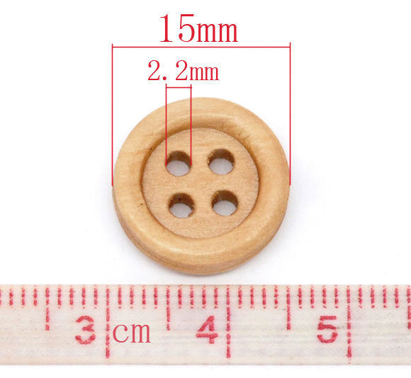 Bouton de bois à 4 trous en bois teint foncé de 15mm - ensemble de 15 ou 60