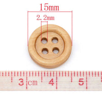 Bouton de bois à 4 trous en bois teint foncé de 15mm - ensemble de 15 ou 60
