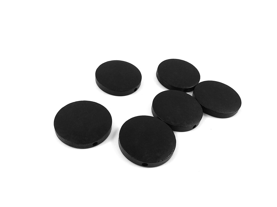 Black Wood Beads Flat Round 30mm - 6 pces