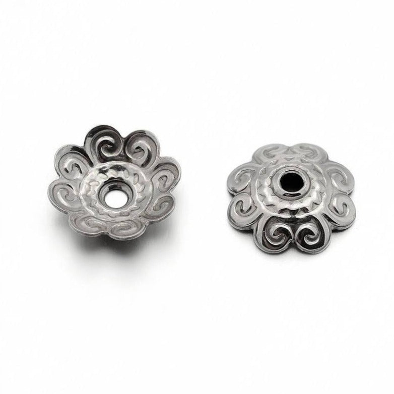 10 Flower bead caps hypoallergenic stainless steel 11mm beadcaps
