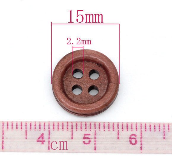 Bouton de bois à 4 trous en bois marron de 15mm - ensemble de 60