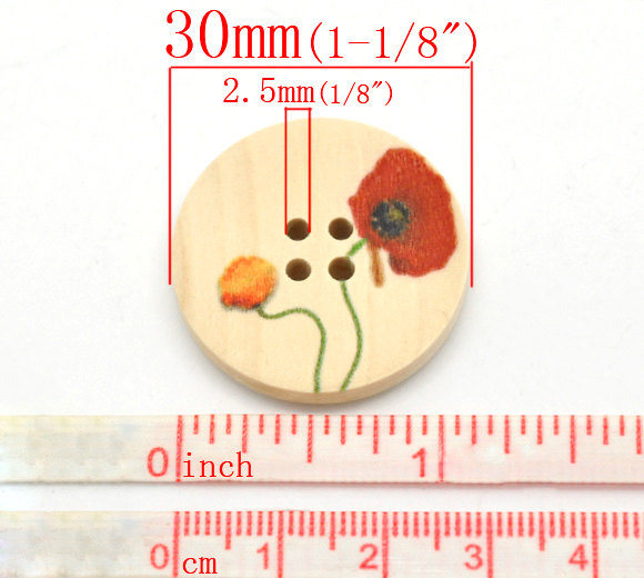 Natural wood button with Flower Poppy Pattern 25 or 30mm - set of 6 natural sewing wood button