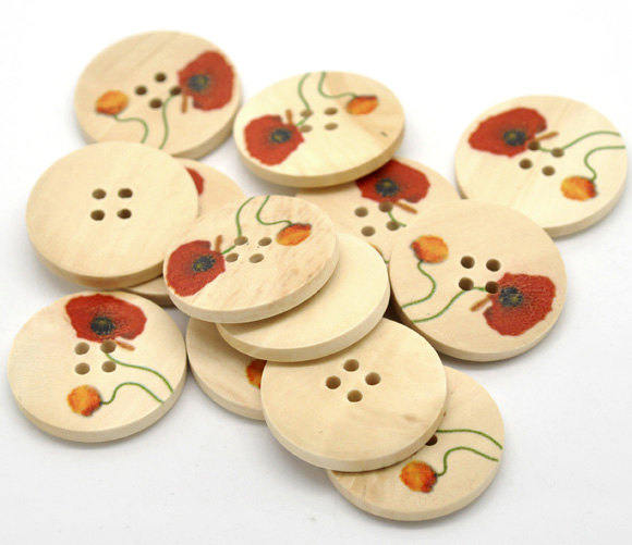 Natural wood button with Flower Poppy Pattern 25 or 30mm - set of 6 natural sewing wood button