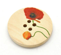Natural wood button with Flower Poppy Pattern 25 or 30mm - set of 6 natural sewing wood button