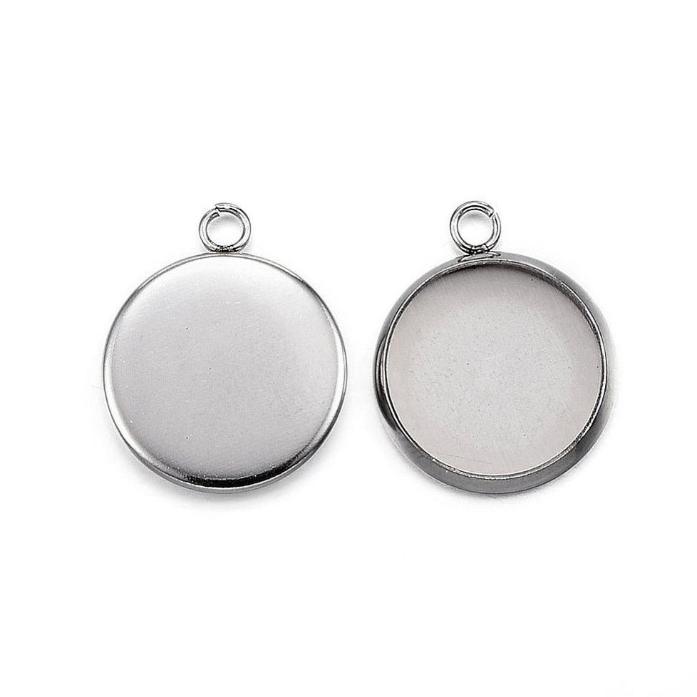 10 Stainless steel pendant cabochon settings, flat round, 6, 8, 10, 12 or 14mm tray