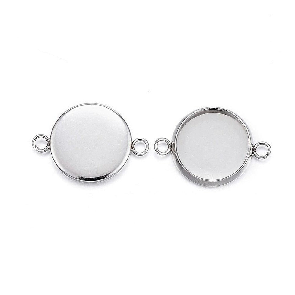 10 Stainless steel connector cabochon settings, flat round, 8, 10, 12 or 14mm tray
