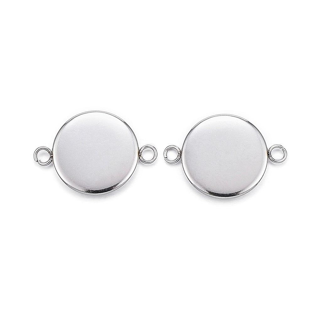 10 Stainless steel connector cabochon settings, flat round, 8, 10, 12 or 14mm tray