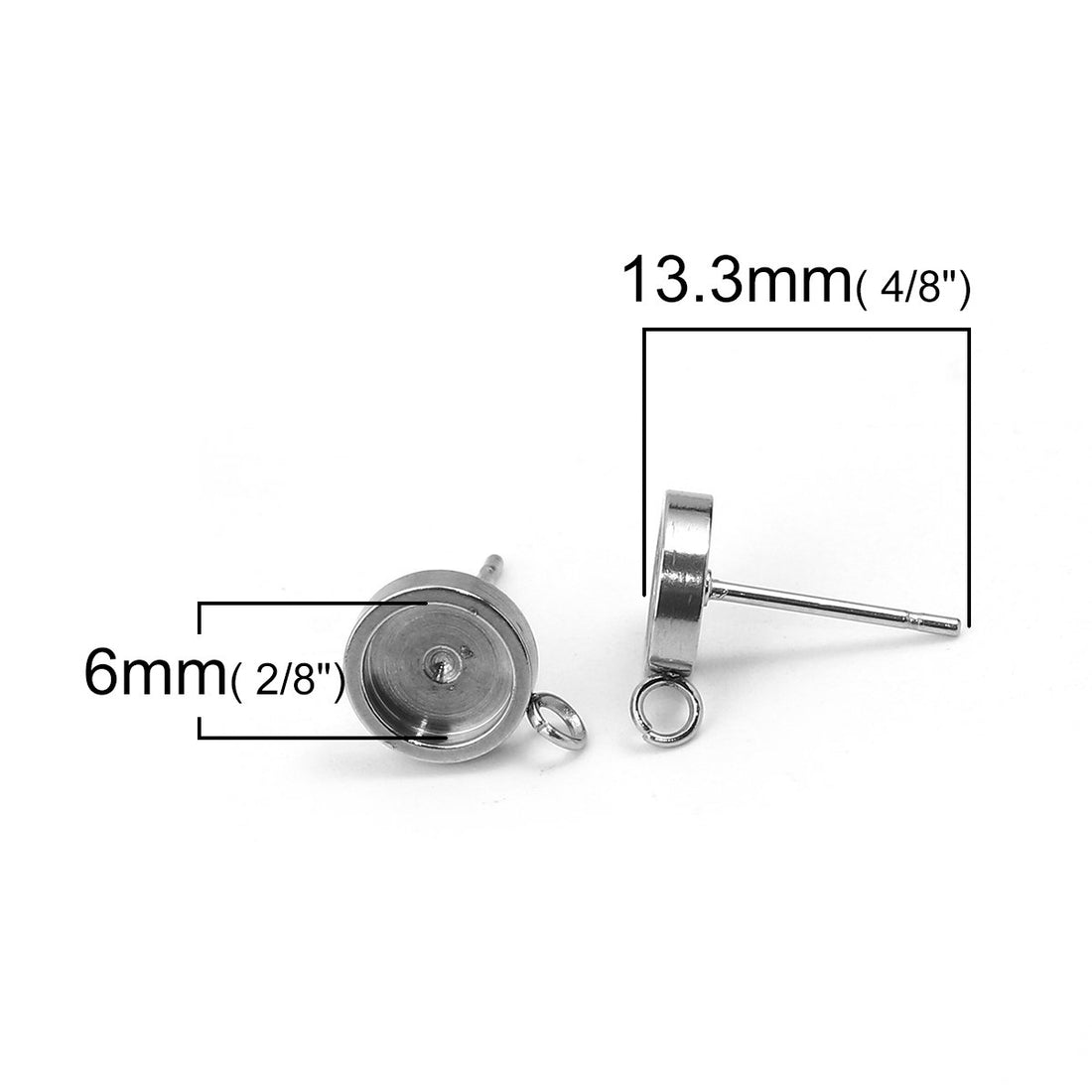 10 Stainless steel ear stud cabochon settings with loops - fits 6, 8 or 10mm cabochons