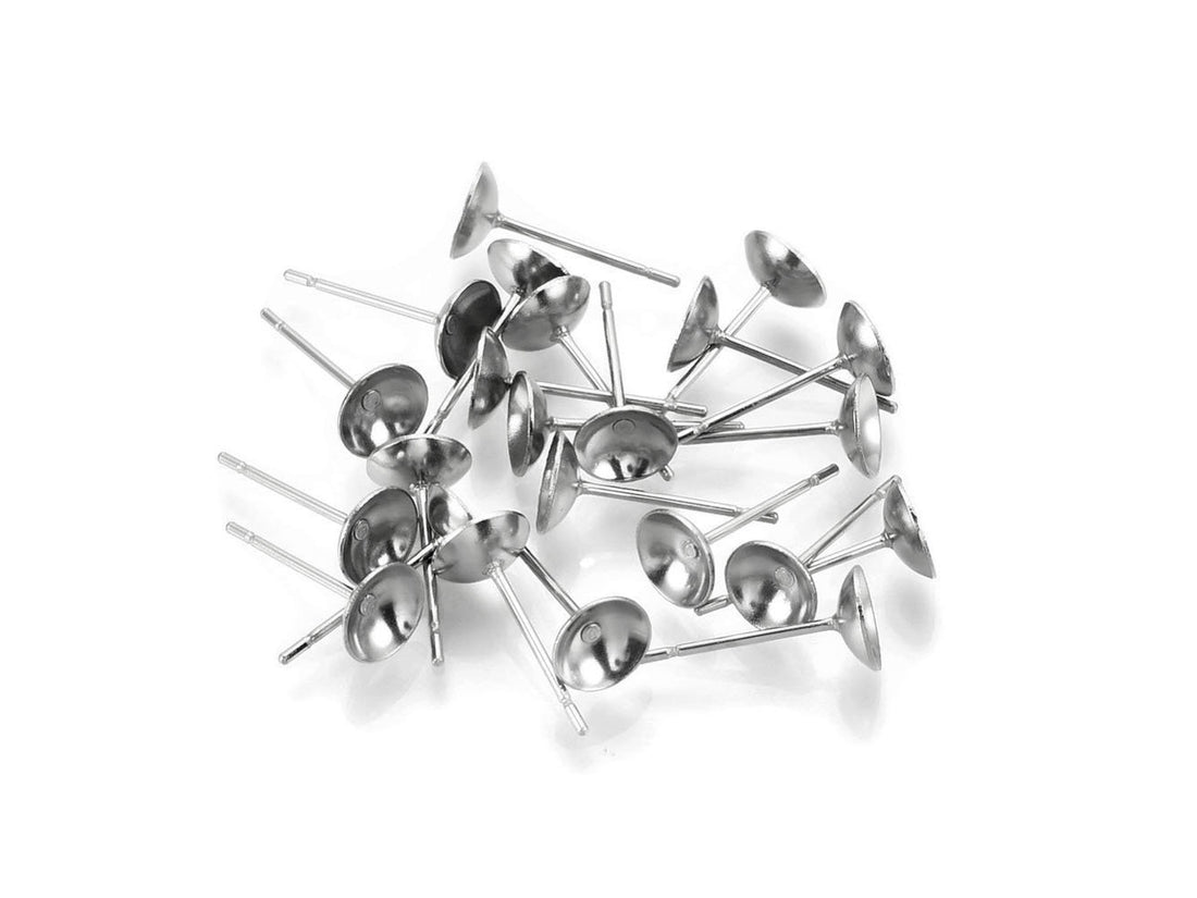 20 Stainless steel half round earring post hypoallergenic 4, 5, or 6mm cup stud earrings