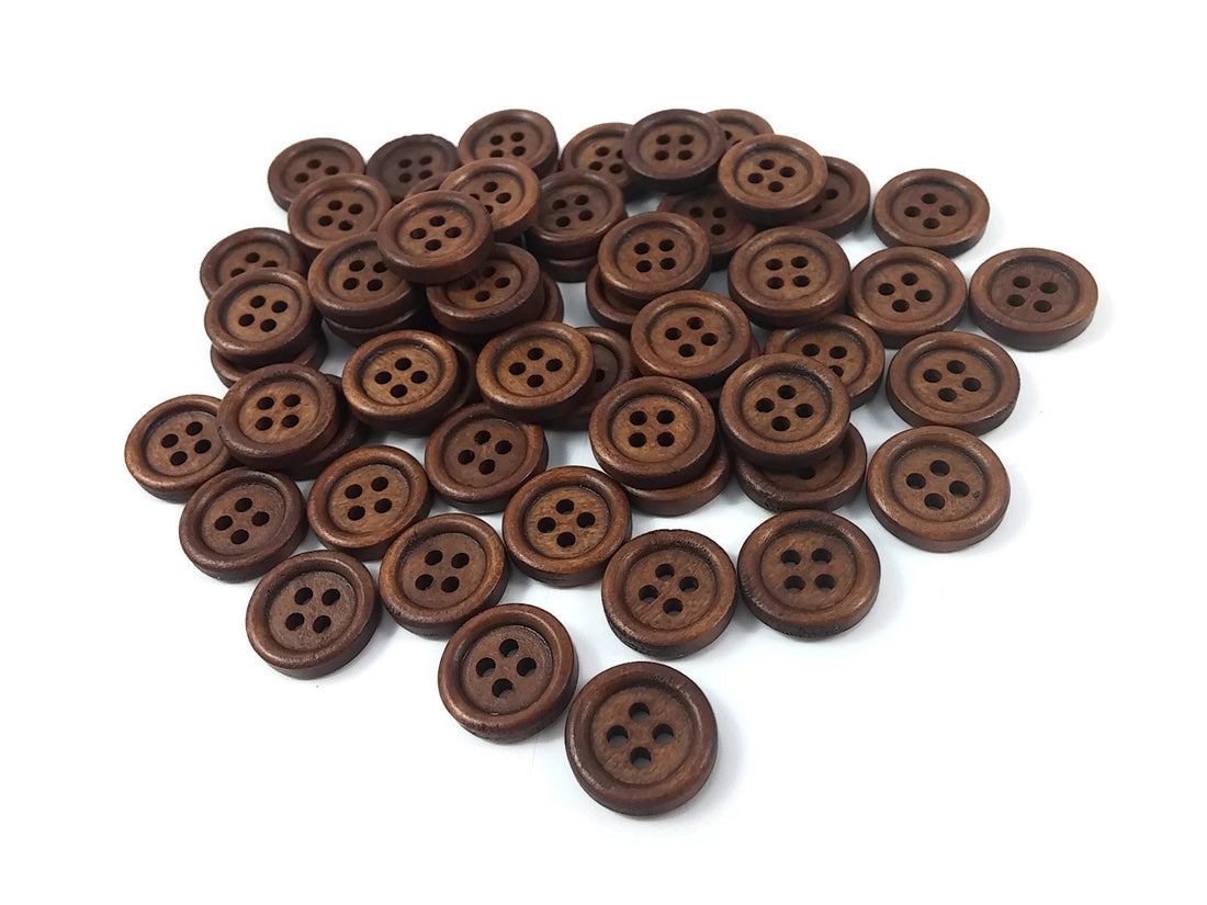 Wholesale Wooden button - Brown 4 Holes Wood Sewing Buttons 15mm - set of 60
