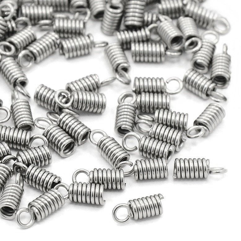 20 Silver Cord Ends - Stainless steel spring coil ends - hypoallergenic necklace fasteners