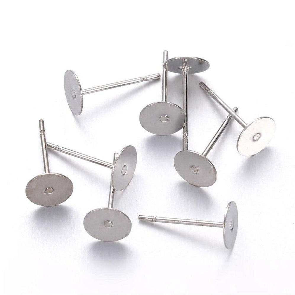 50 Earring stud posts, 6mm 8mm pad
