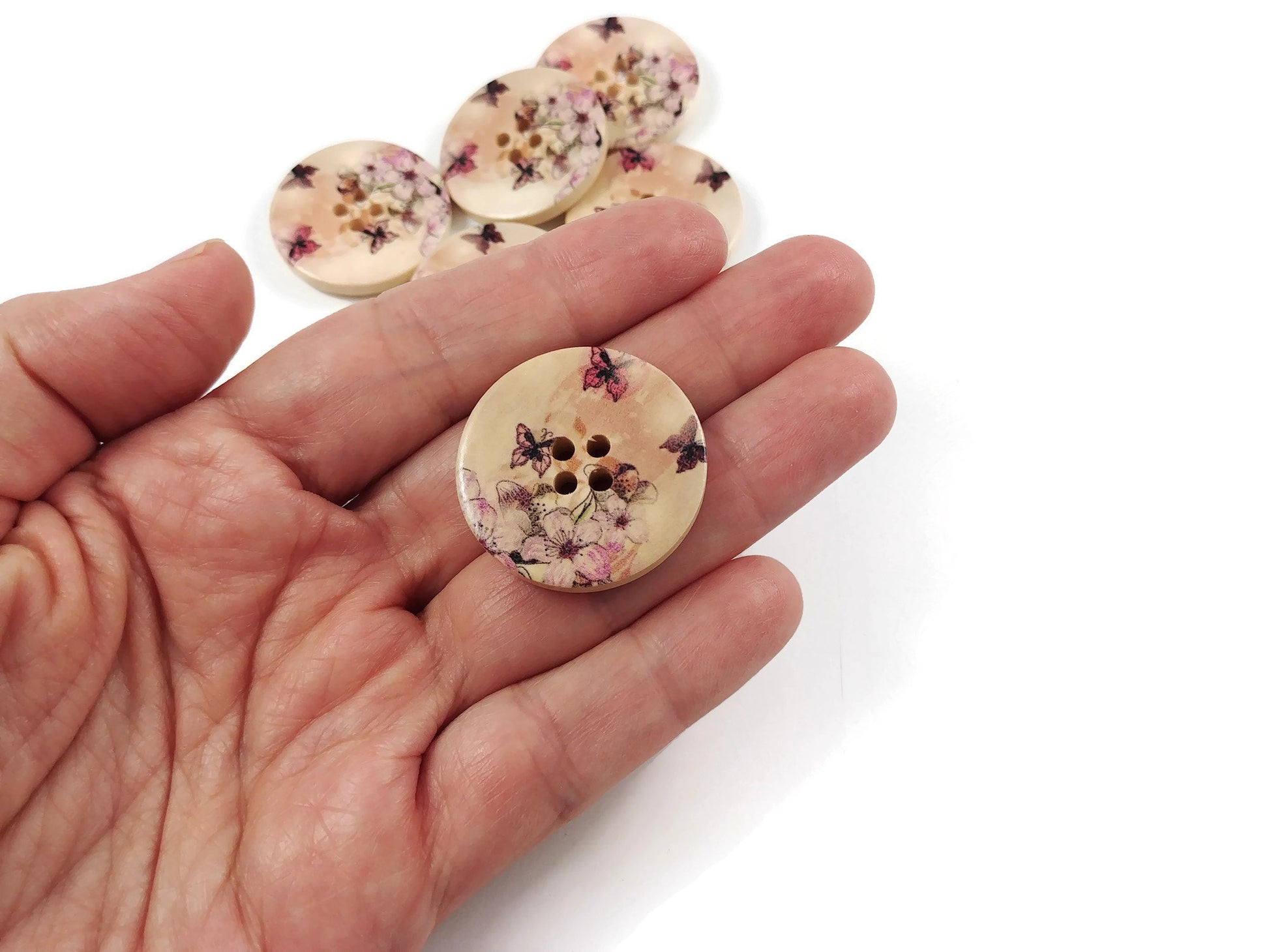 Butterfly and Flower Pattern Wooden Sewing Button 30mm - set of 6 wood buttons