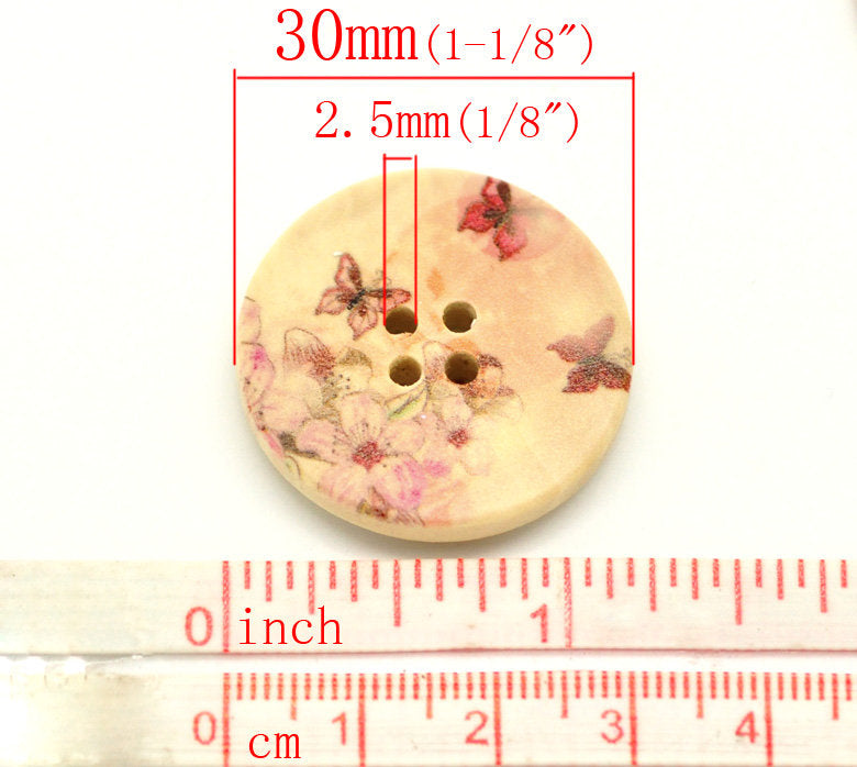 Butterfly and Flower Pattern Wooden Sewing Button 30mm - set of 6 wood buttons
