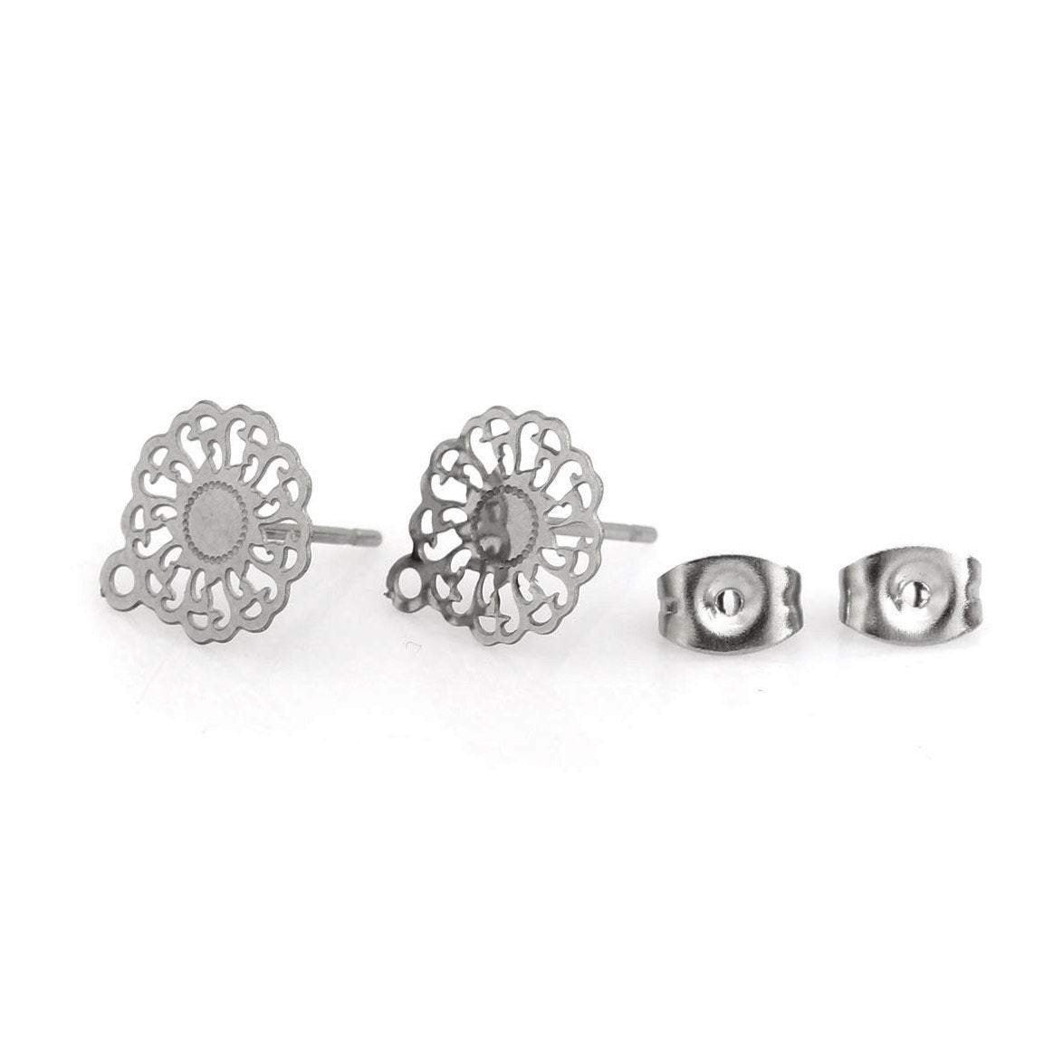 11mm flower earstuds, 5 pairs stainless steel earring studs with loop, Hypoallergenic 