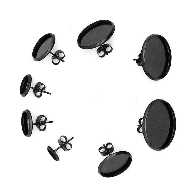 10 Black stainless steel ear stud cabochon settings - fits 8, 10, 12 or 14mm cabochons