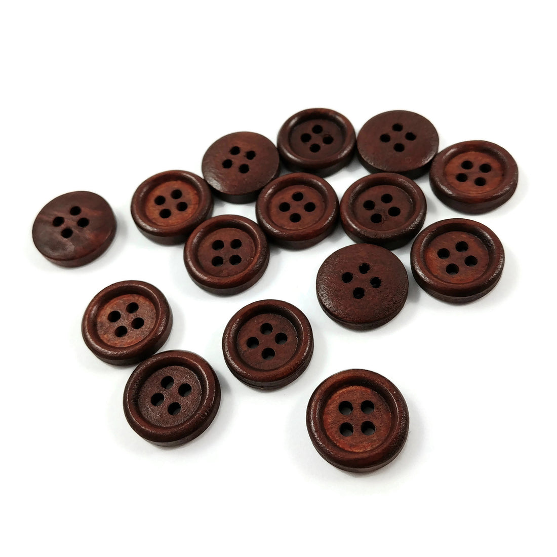 Wooden buttons - Reddish brown 4 Holes Wood Sewing Buttons 15mm - set of 15 or 60