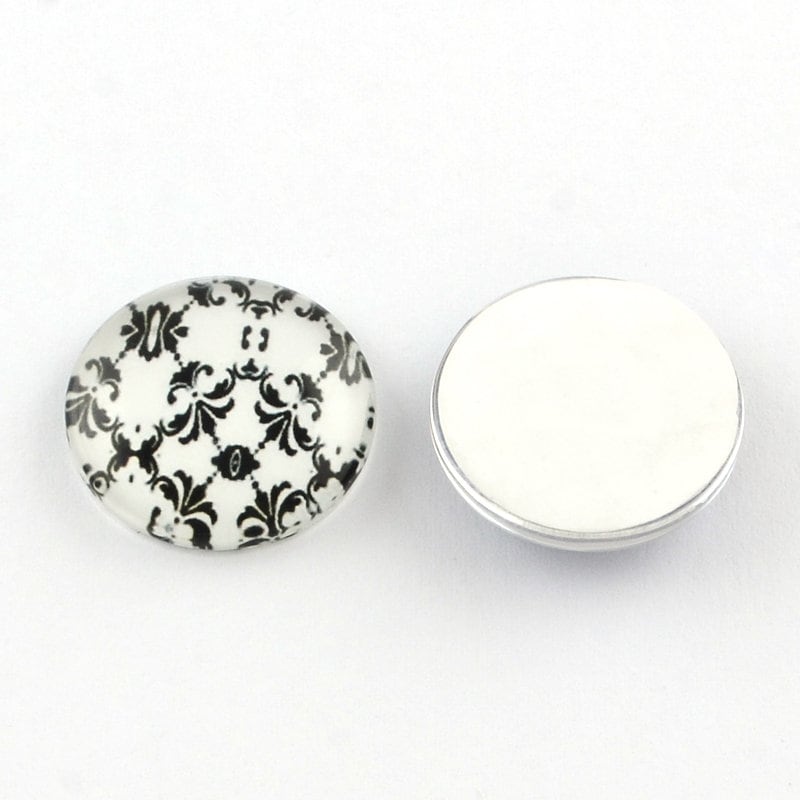 Mixed black floral glass cabochons - set of 20 round dome cabochons - 12mm
