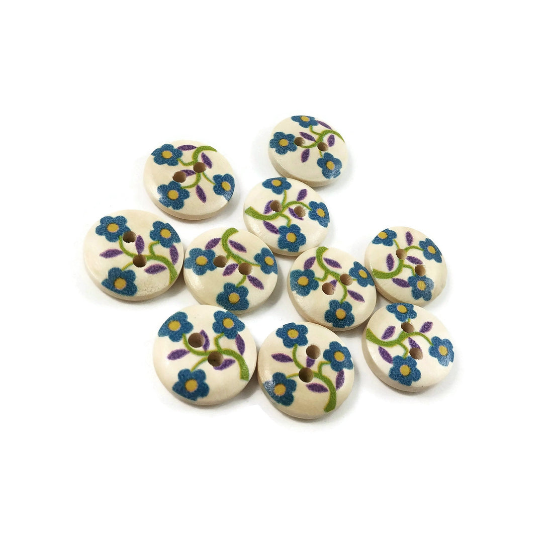 10  Flower wood painted sewing buttons - blue, green and purple 15mm