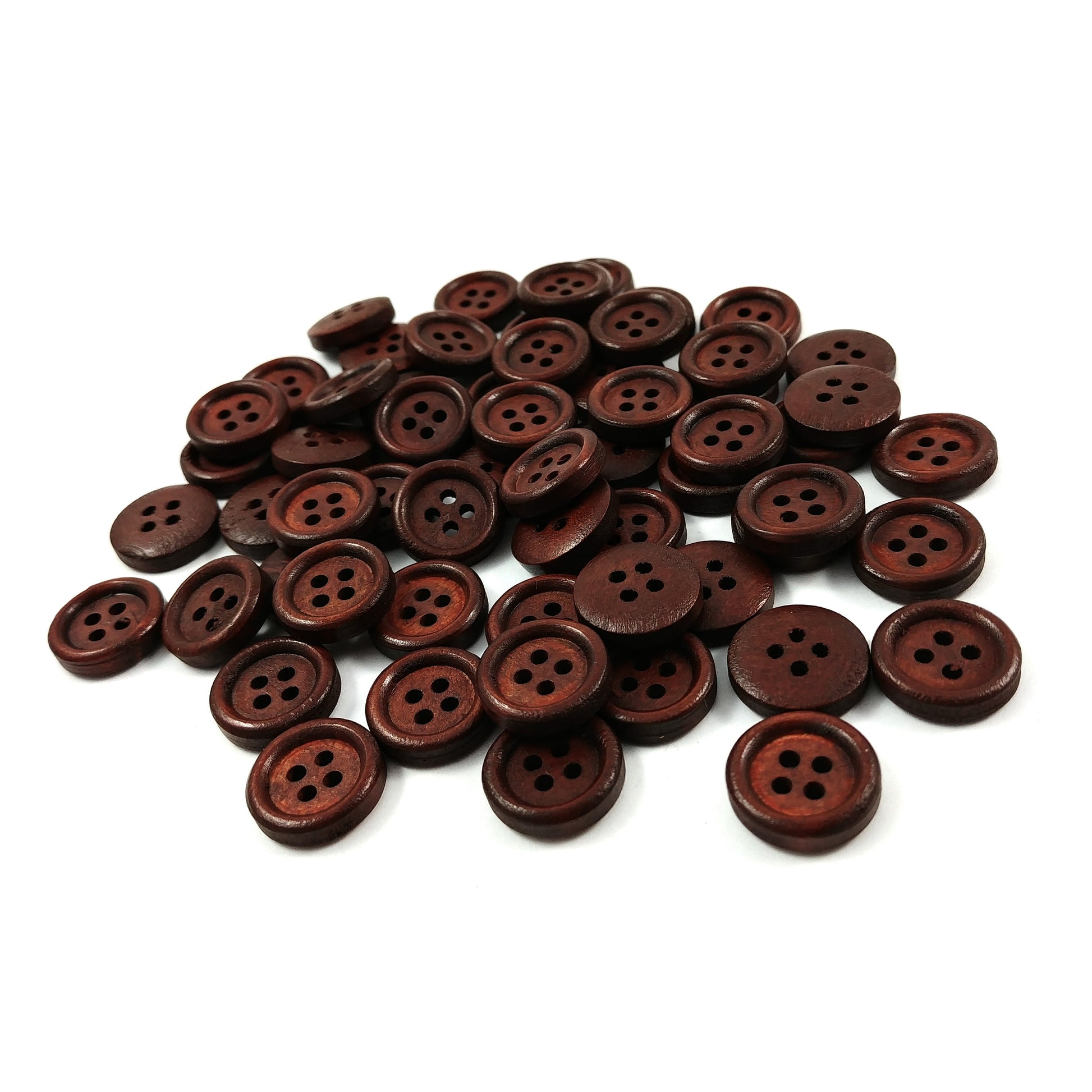 Bouton de bois à 4 trous en bois teint foncé de 15mm - ensemble de 15 ou 60