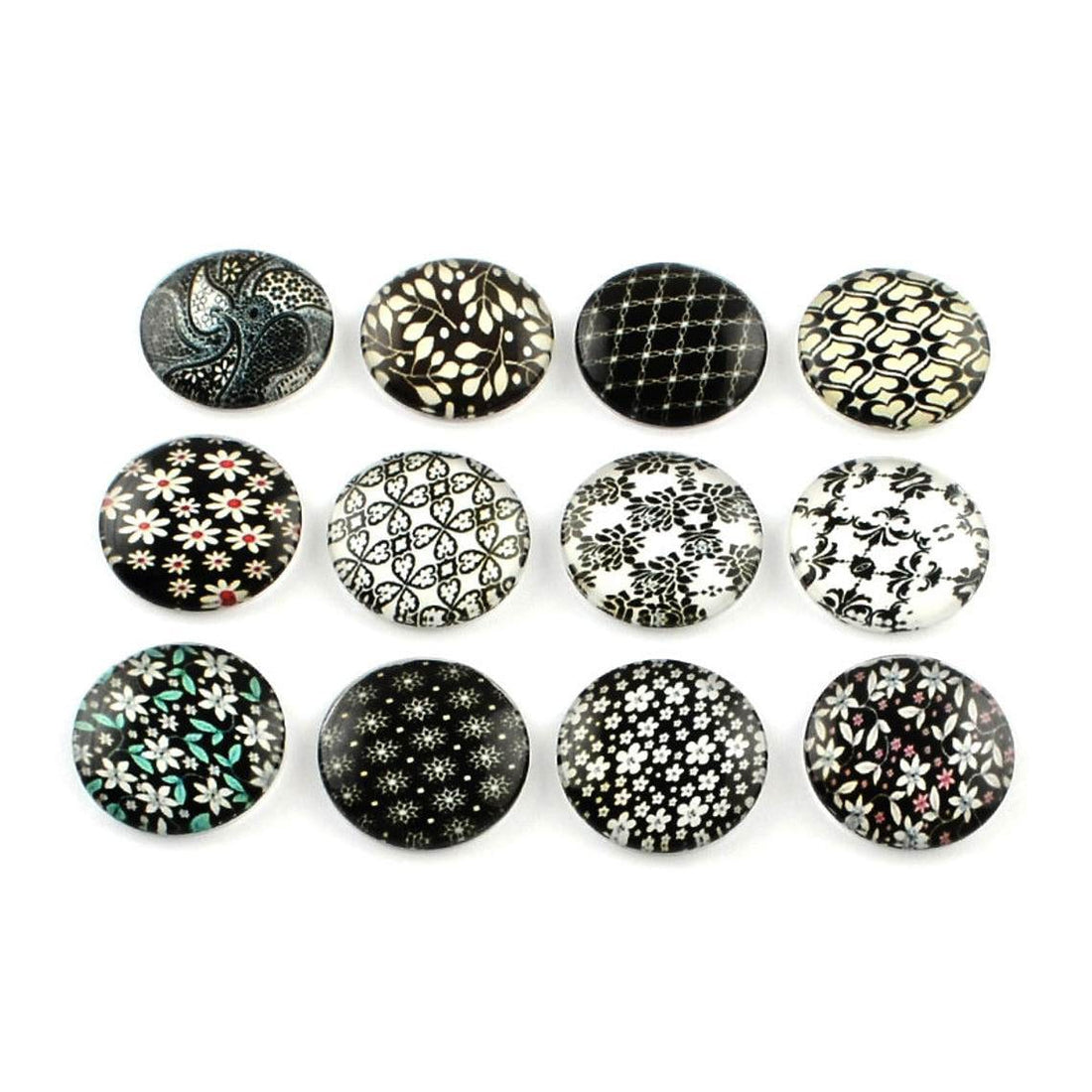 Mixed black floral glass cabochons - set of 20 round dome cabochons - 12mm