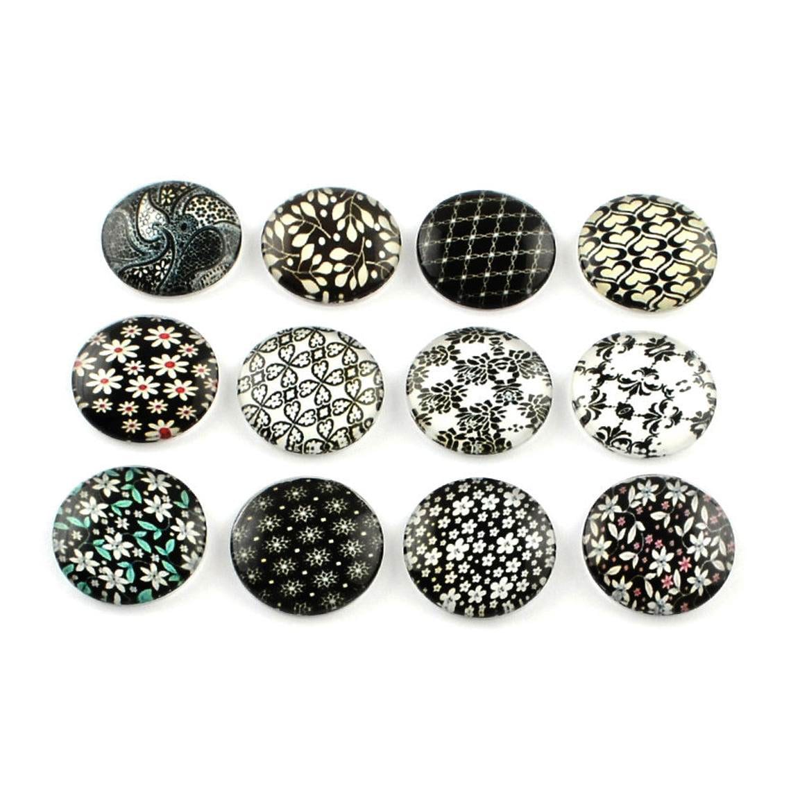 Mixed black floral glass cabochons - set of 20 round dome cabochons - 12mm