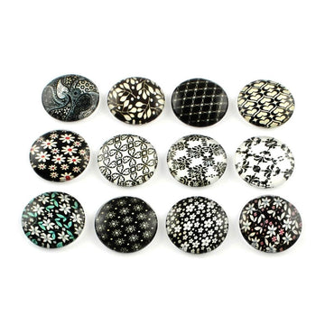 Mixed black floral glass cabochons - set of 20 round dome cabochons - 12mm