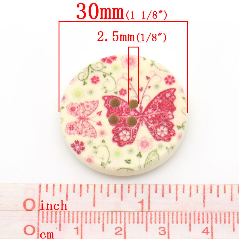 Butterfly Pattern Wooden Sewing Button 30mm - set of 6 wood buttons 