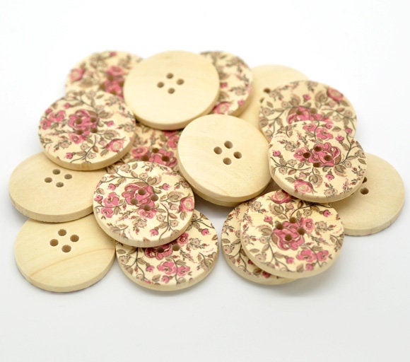 Roses and Foliage Pattern Wooden Sewing Button 30mm - set of 6 wood buttons 