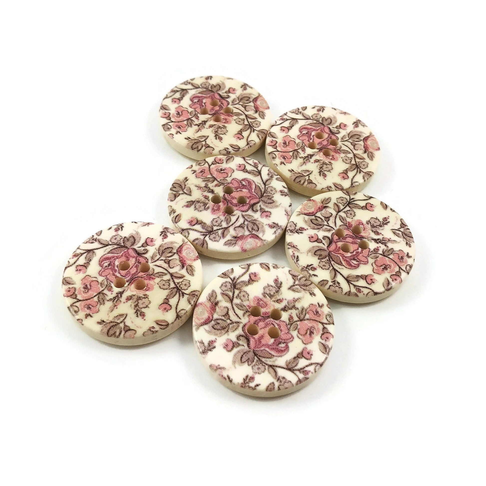 Roses and Foliage Pattern Wooden Sewing Button 30mm - set of 6 wood buttons 