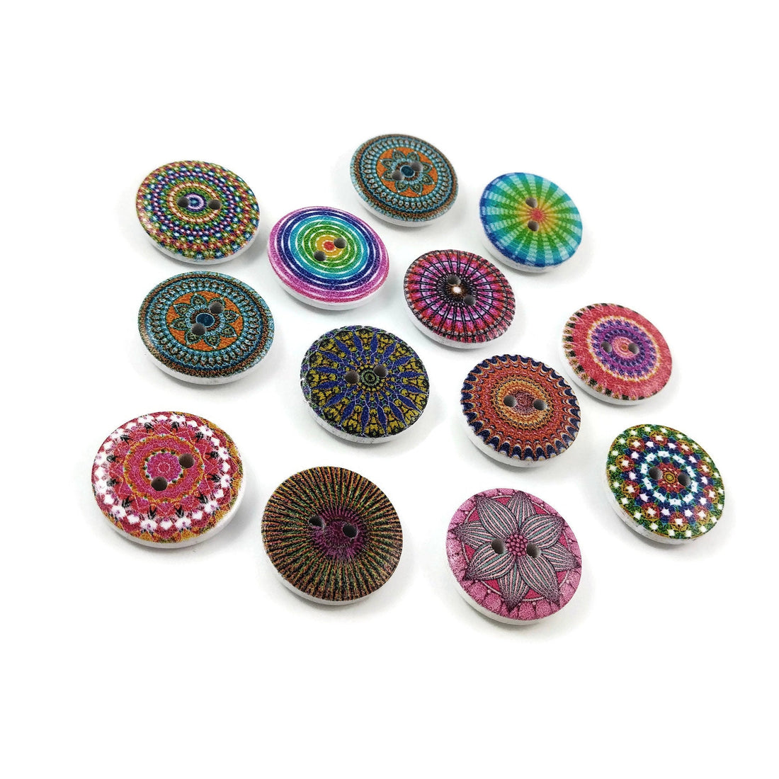 Boho wood sewing buttons - 12 Mixed Patterns craft buttons 20mm