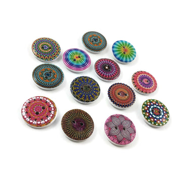 Boho wood sewing buttons - 12 Mixed Patterns craft buttons 20mm
